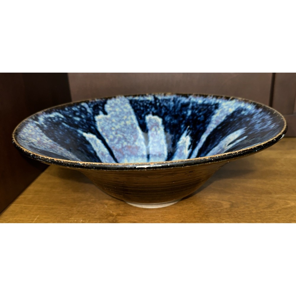 Serving Console Bowl Blue Drip Glaze Studio Pottery Artist Signed 11.5"